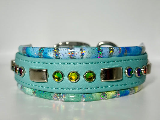 16-18" 1.5" Wide Luxury Biothane Waterproof Turquoise Blue Watercolor Dog Collar