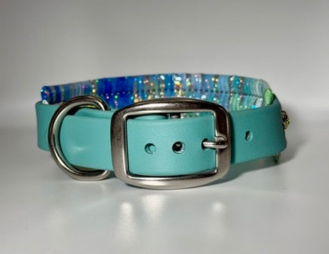 16-18" 1.5" Wide Luxury Biothane Waterproof Turquoise Blue Watercolor Dog Collar