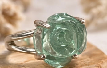 Fluorite Rose Ring Sterling Silver, Hand Carved Stone Ring, Purple Green Fluorite Ring, Statement Ring Size 9, Artisan Floral Jewelry