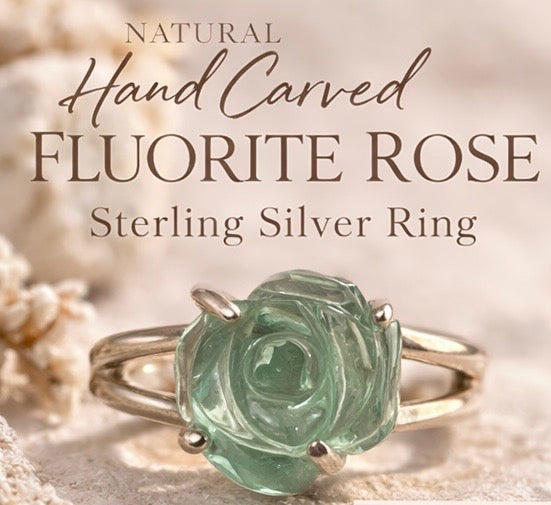Fluorite Rose Ring Sterling Silver, Hand Carved Stone Ring, Purple Green Fluorite Ring, Statement Ring Size 9, Artisan Floral Jewelry