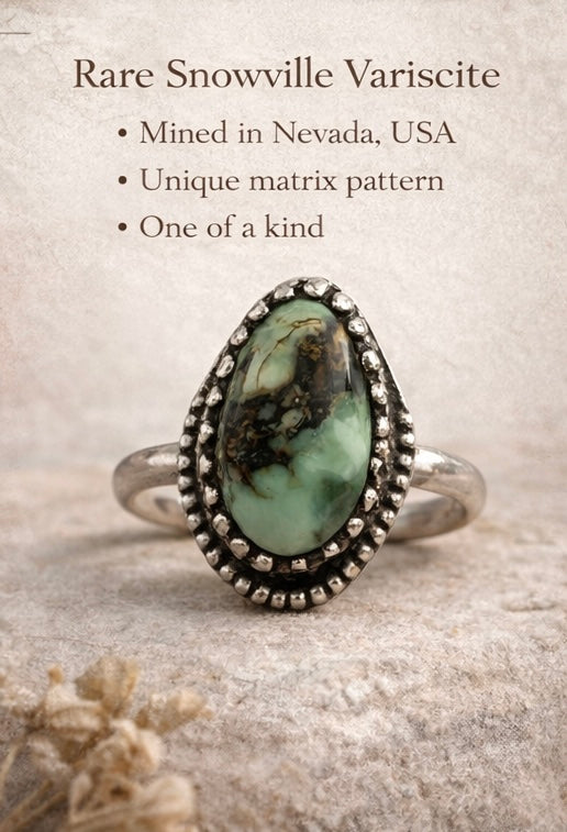 Snowville Variscite Ring Size 5 – Handmade Sterling Silver Ring, Natural Green Variscite, OOAK Artisan Coastal Boho Luxe