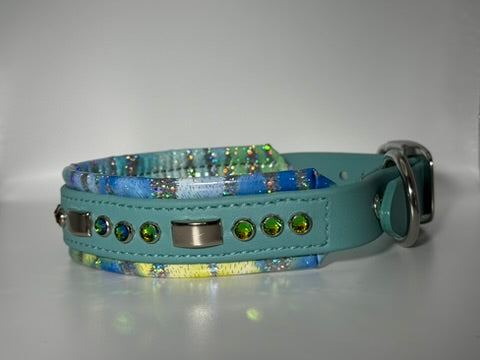 16-18" 1.5" Wide Luxury Biothane Waterproof Turquoise Blue Watercolor Dog Collar