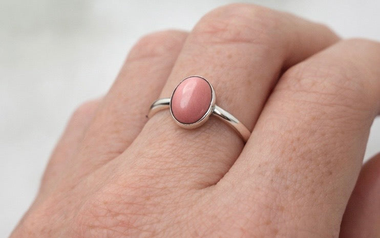 Australian Pink Opal Ring – Handcrafted Sterling Silver – Natural Pink Opal Oval Cabochon – Size 6.25 Minimalist Gemstone Ring