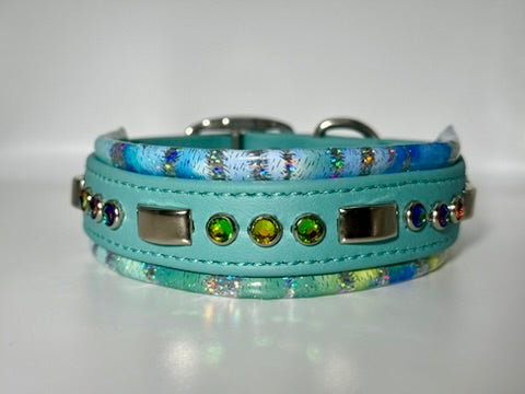 16-18" 1.5" Wide Luxury Biothane Waterproof Turquoise Blue Watercolor Dog Collar