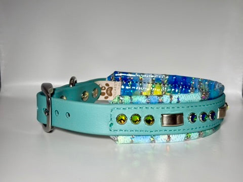 16-18" 1.5" Wide Luxury Biothane Waterproof Turquoise Blue Watercolor Dog Collar