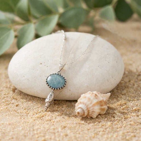 Natural Aquamarine Pendant Necklace in Sterling Silver with Shell Accent – 16"