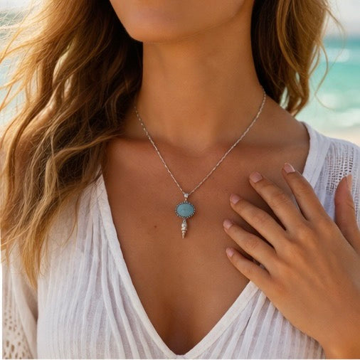 Natural Aquamarine Pendant Necklace in Sterling Silver with Shell Accent – 16"