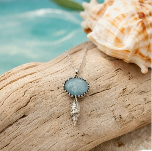 Natural Aquamarine Pendant Necklace in Sterling Silver with Shell Accent – 16"
