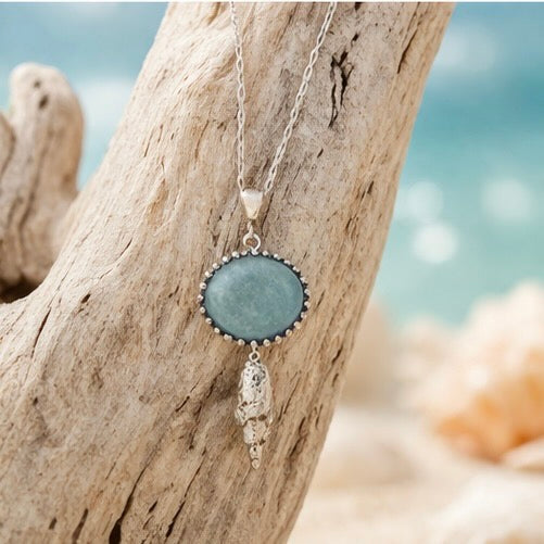Natural Aquamarine Pendant Necklace in Sterling Silver with Shell Accent – 16"
