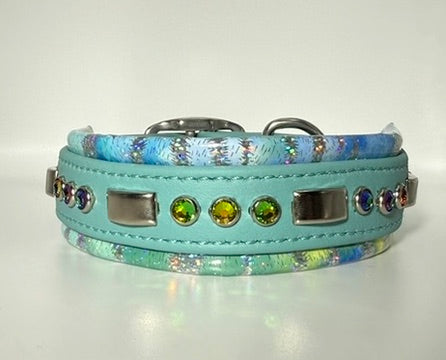 16-18" 1.5" Wide Luxury Biothane Waterproof Turquoise Blue Watercolor Dog Collar