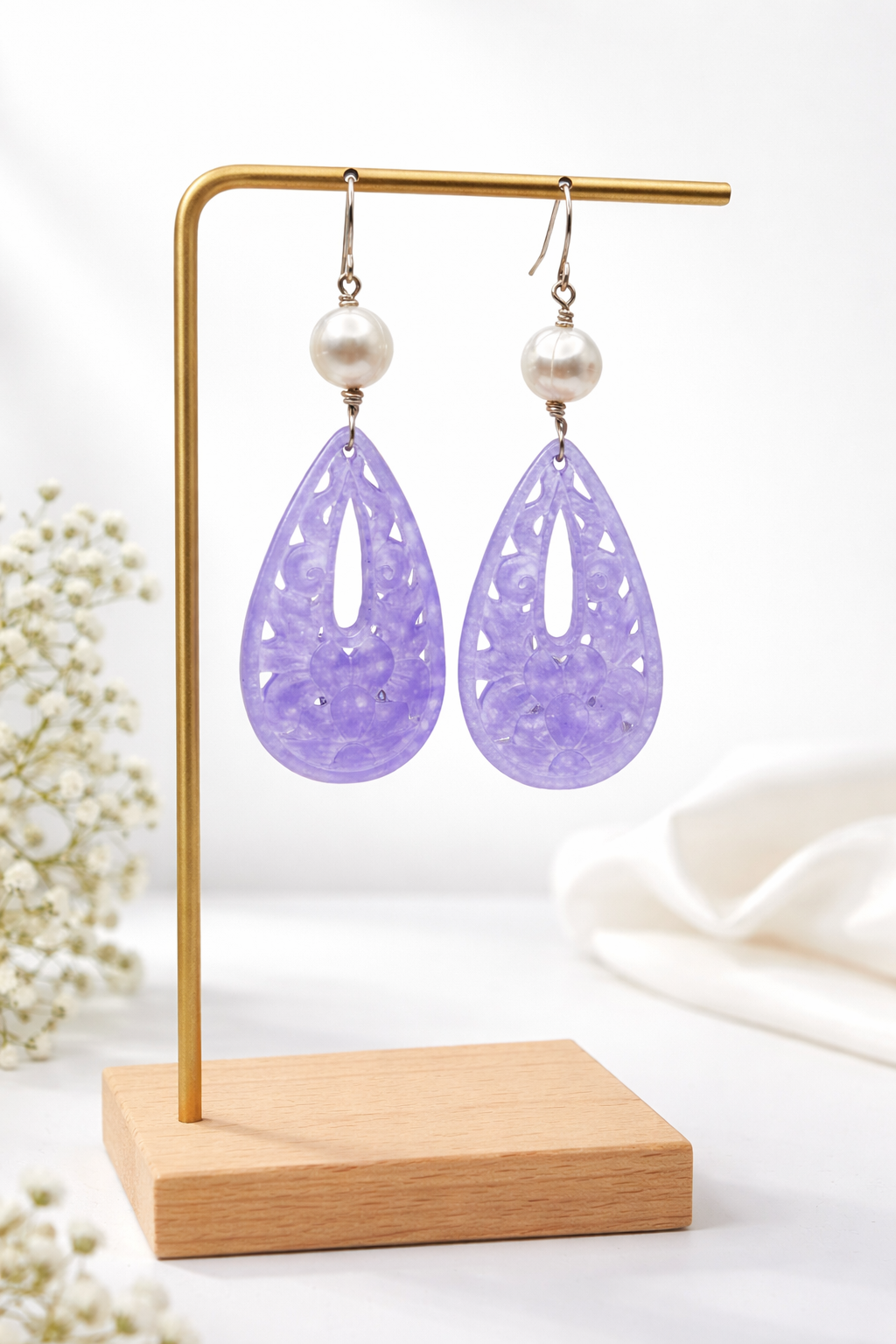 One-of-a-Kind Hand Carved Purple Jade &amp; Pearl Earrings