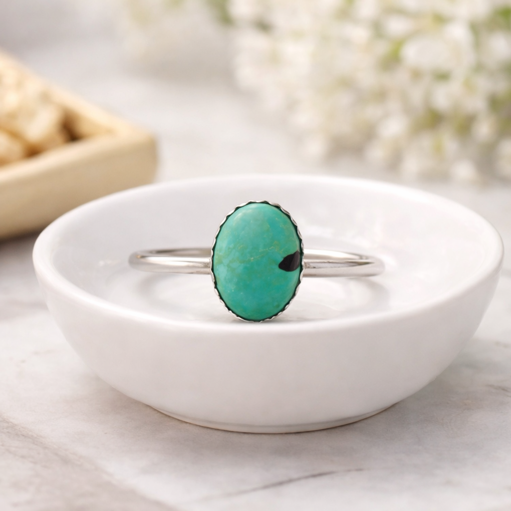 Hubei Turquoise Ring Sterling Silver Handmade Size 8 Oval Bezel Blue Green Turquoise Ring Artisan Southwestern Gift for Her