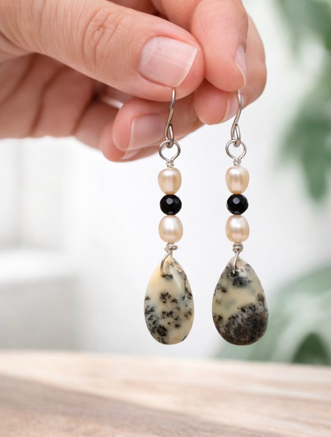 One of a Kind Dendritic Opal, Pearl & Black Onyx Earrings | Natural Gemstone Jewelry