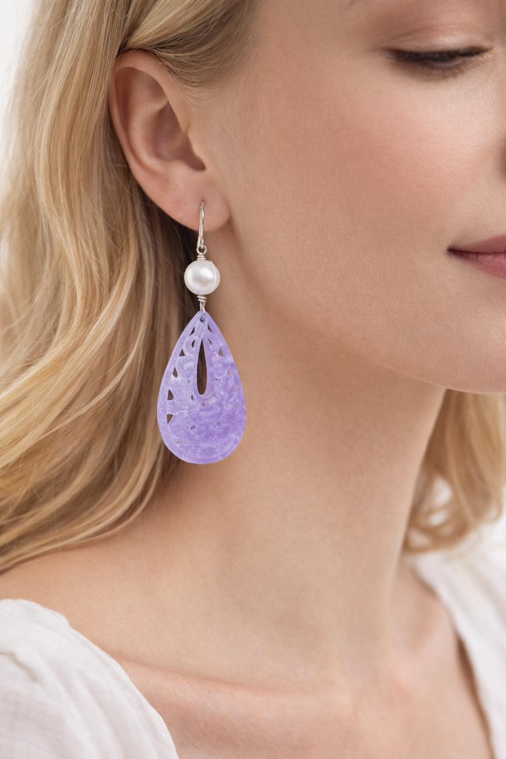 One-of-a-Kind Hand Carved Purple Jade &amp; Pearl Earrings