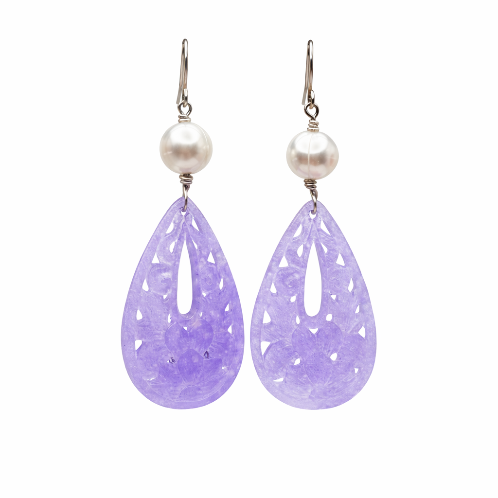 One-of-a-Kind Hand Carved Purple Jade &amp; Pearl Earrings