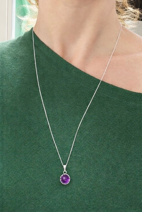 Sterling Silver Amethyst Pendant Necklace – 24” Chain | 8mm Natural February Birthstone