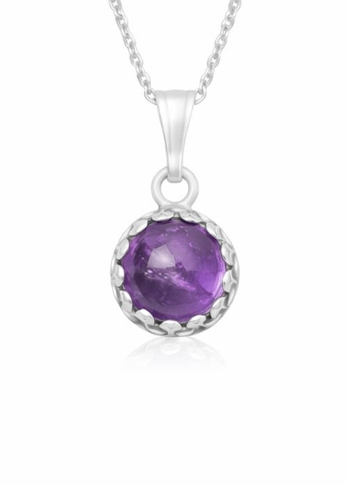 Sterling Silver Amethyst Pendant Necklace – 24” Chain | 8mm Natural February Birthstone