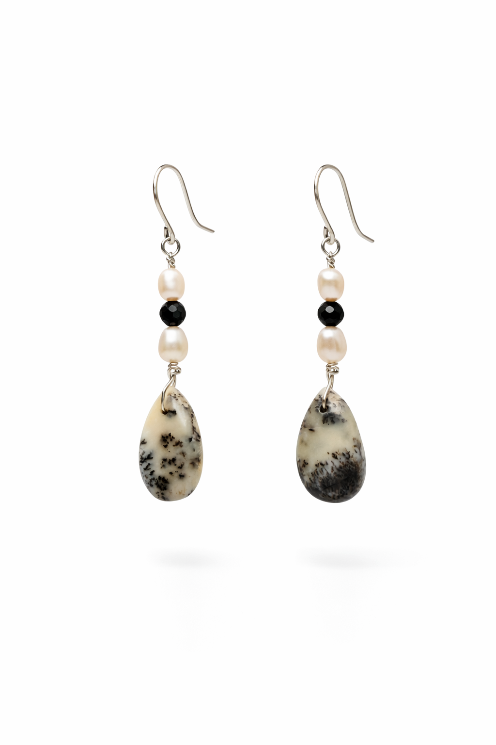 One of a Kind Dendritic Opal, Pearl & Black Onyx Earrings | Natural Gemstone Jewelry