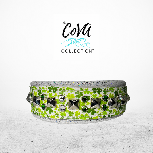 17-19"; 2" Wide Leather Shamrock St. Patrick's Patty's Day Dog Collar Bling Crystals