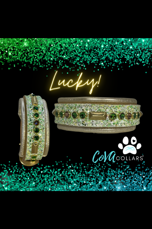 READY TO SHIP! 12.5" - 14.5" Glitter Gold Green Holiday Bling Crystals Luxury Leather Dog CoVA Collar