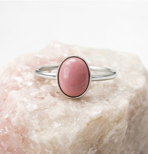 Australian Pink Opal Ring – Handcrafted Sterling Silver – Natural Pink Opal Oval Cabochon – Size 6.25 Minimalist Gemstone Ring