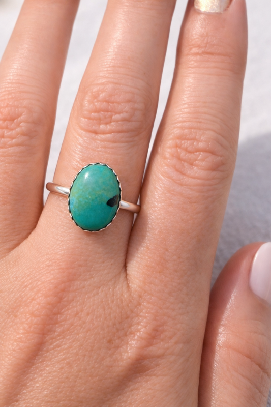 Hubei Turquoise Ring Sterling Silver Handmade Size 8 Oval Bezel Blue Green Turquoise Ring Artisan Southwestern Gift for Her