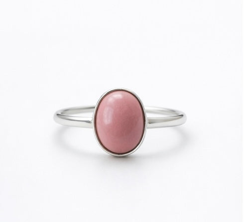 Australian Pink Opal Ring – Handcrafted Sterling Silver – Natural Pink Opal Oval Cabochon – Size 6.25 Minimalist Gemstone Ring
