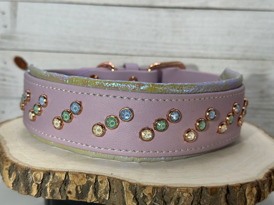 READY TO SHIP! 17" - 19" & 2" W Lavender Purple Green Rose Gold Crystals Luxury Biothane Vegan Leather Dog Cat CoVA Collar