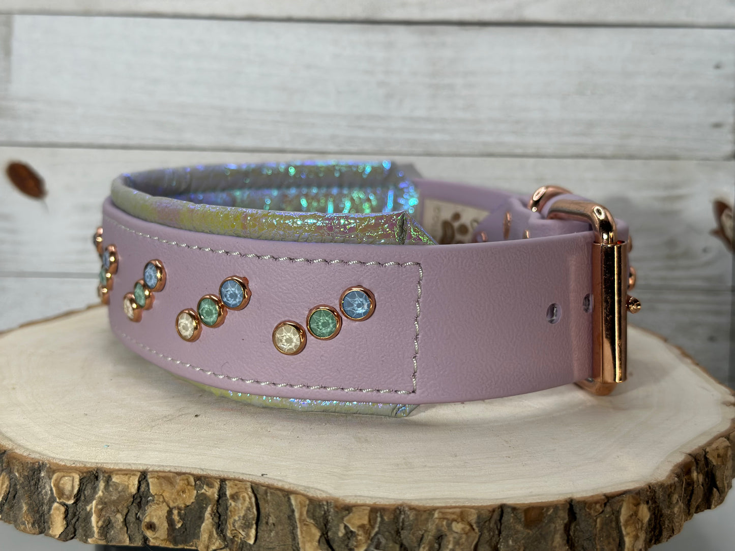 READY TO SHIP! 17" - 19" & 2" W Lavender Purple Green Rose Gold Crystals Luxury Biothane Vegan Leather Dog Cat CoVA Collar