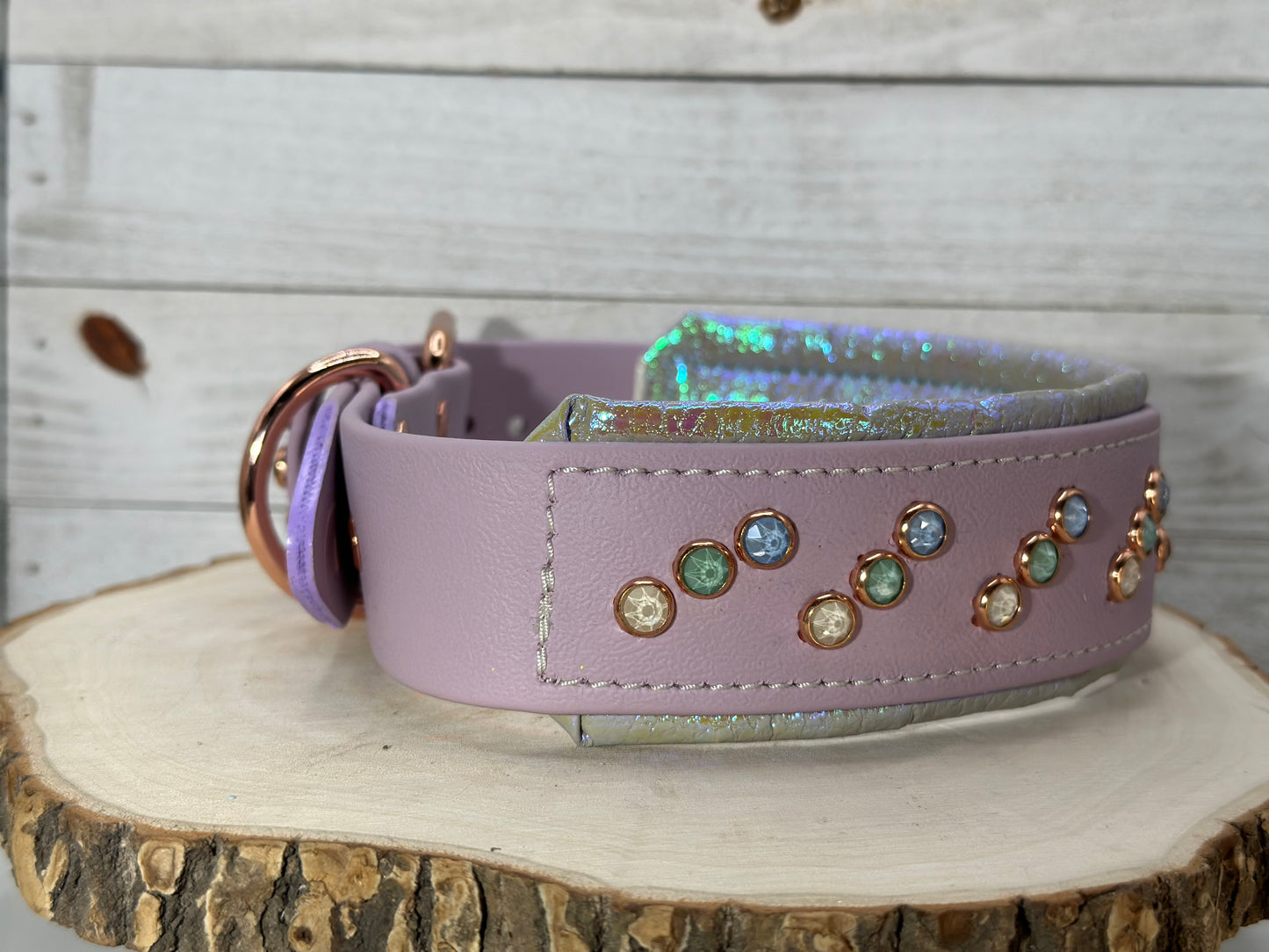 READY TO SHIP! 17" - 19" & 2" W Lavender Purple Green Rose Gold Crystals Luxury Biothane Vegan Leather Dog Cat CoVA Collar