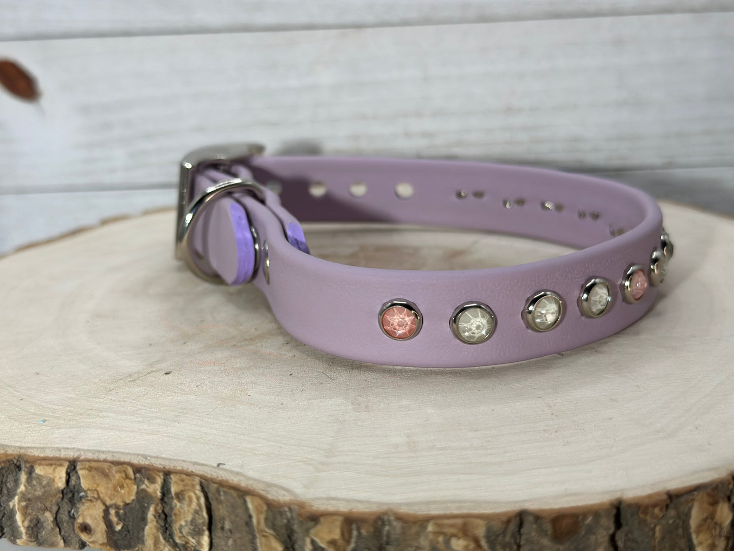 READY TO SHIP!!! 11" - 13" & .75" wide Pastel Lilac Lavender Purple White Pink Vegan Leather Biothane Crystal Luxury Dog Collar