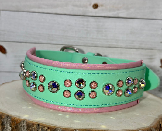 Seafoam & Pink Crystal BioThane Dog Collar | 16–18" × 2"