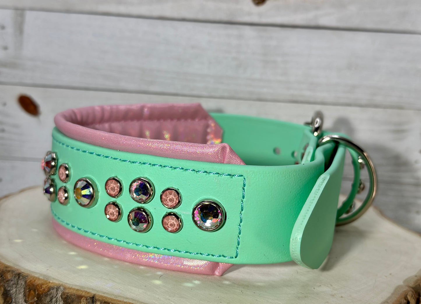 READY TO SHIP!!! 16" - 18" 2"W Seafoam Mint Pink Bling Crystals Luxury Vegan Biothane Leather Dog Collar
