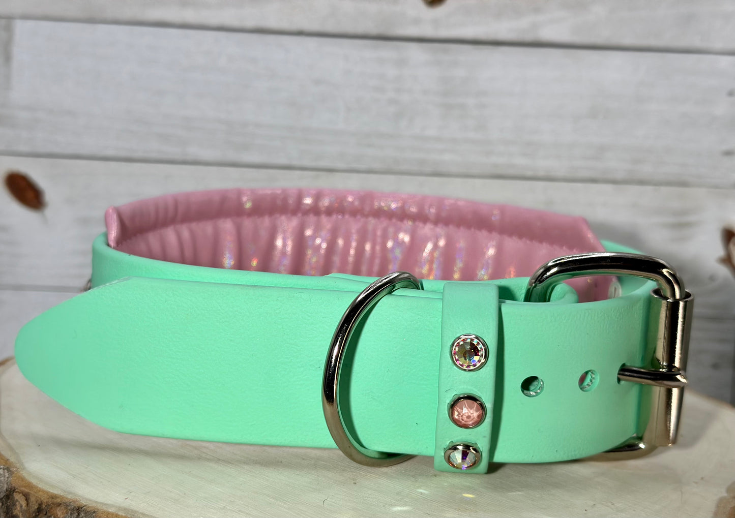 READY TO SHIP!!! 16" - 18" 2"W Seafoam Mint Pink Bling Crystals Luxury Vegan Biothane Leather Dog Collar