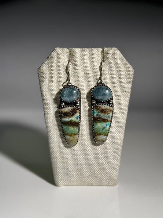 Sterling Natural Opalized Wood & Aquamarine Earrings