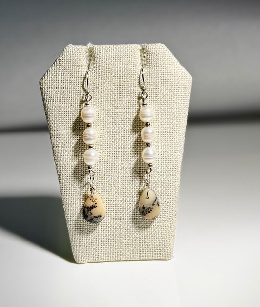 Sterling Natural Pearl & Dendritic Opal Earrings