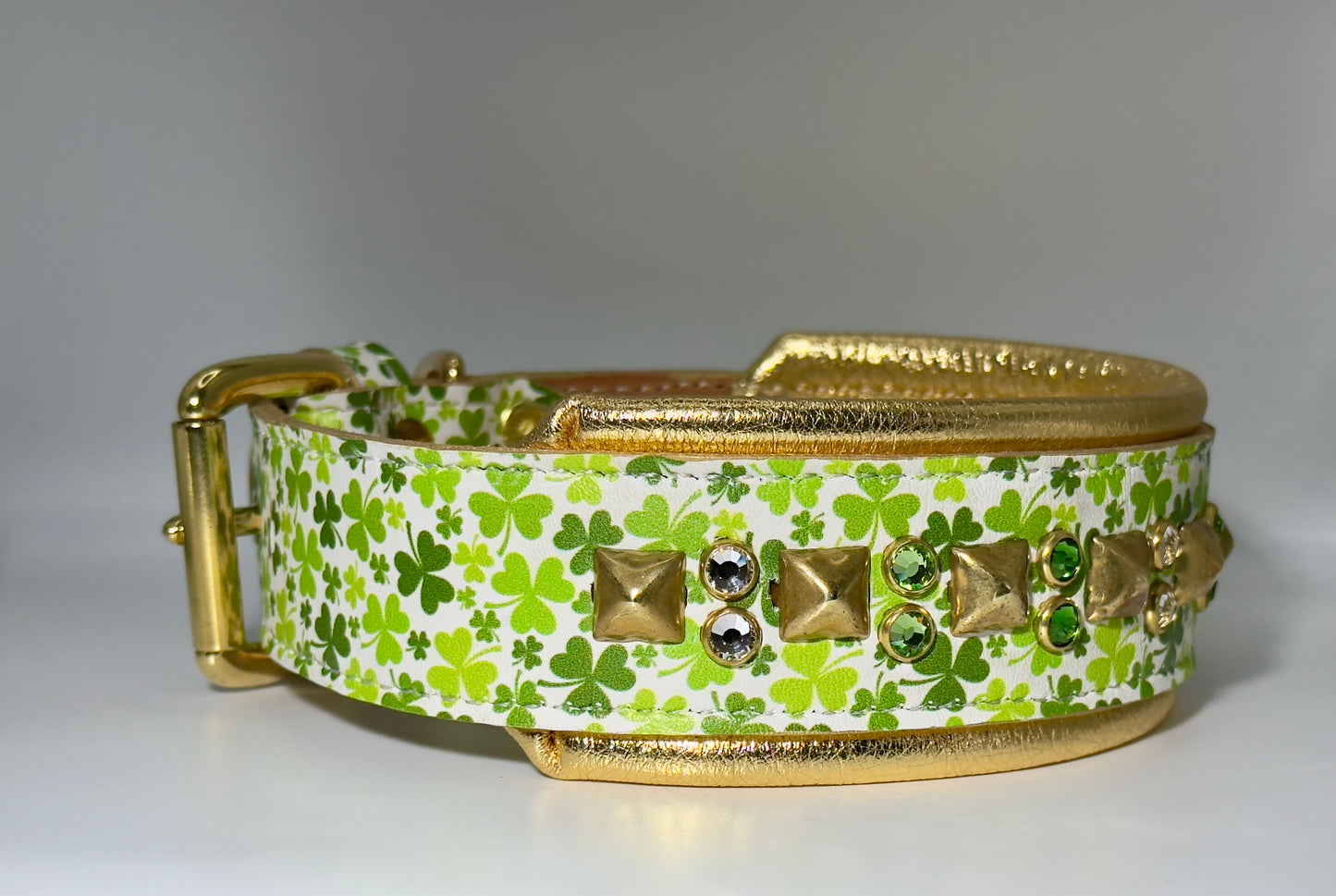 16.5-18.5"; 2" Wide Leather Shamrock St. Patrick's Patty's Day Dog Collar Bling Crystals