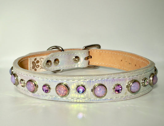 Iridescent Dragon Opal Crystal Italian Leather Dog Collar | 18.25–20.25" × 1"