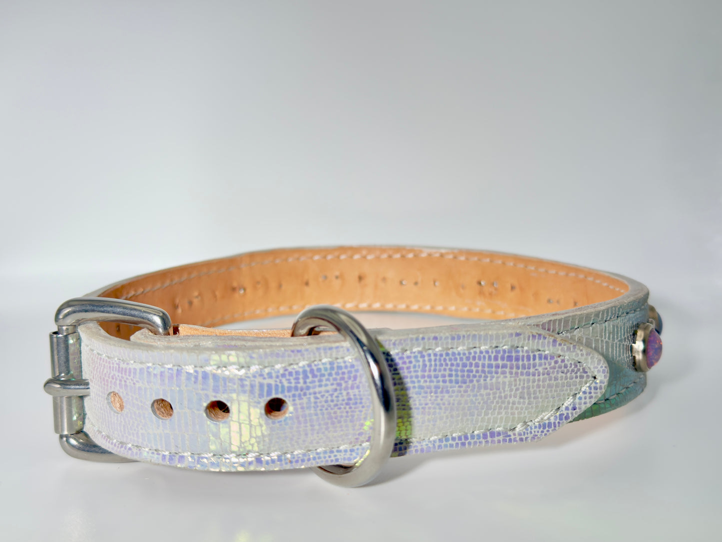 QUICK SHIP!!! PREMIUM Italian 18.25"-20.25" & 1" Wide Ultra Luxury Italian Dog Cat Leather Iridescent Dragon Opals Crystal CoVA Collar