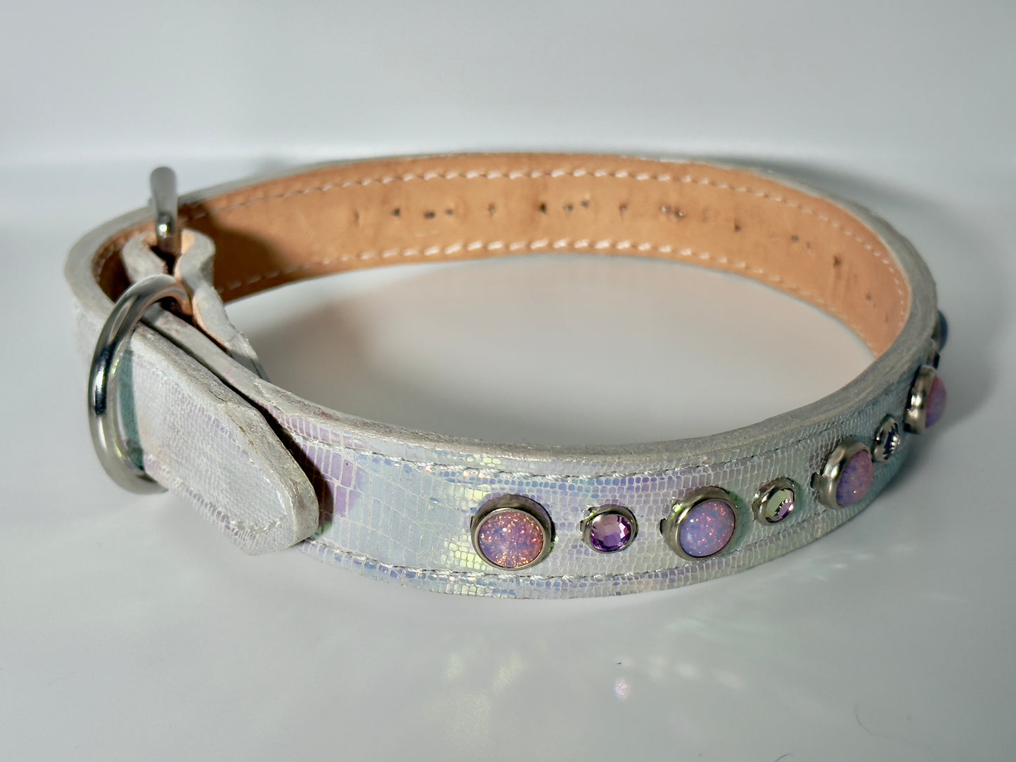 QUICK SHIP!!! PREMIUM Italian 18.25"-20.25" & 1" Wide Ultra Luxury Italian Dog Cat Leather Iridescent Dragon Opals Crystal CoVA Collar