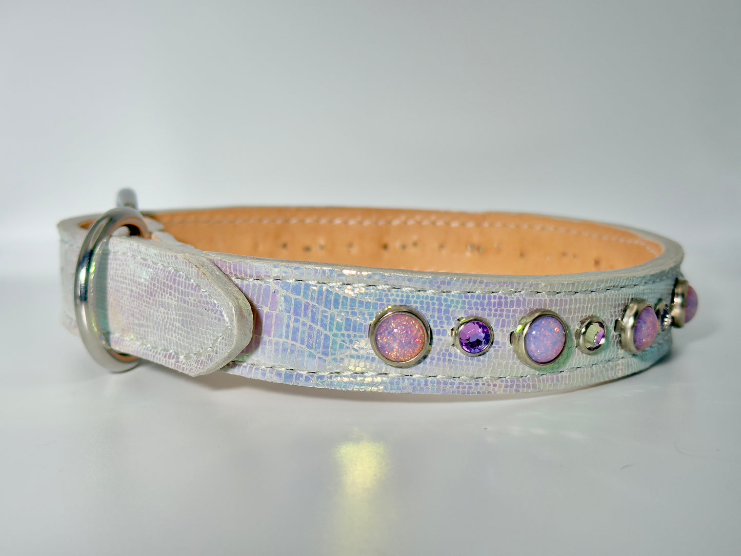 QUICK SHIP!!! PREMIUM Italian 18.25"-20.25" & 1" Wide Ultra Luxury Italian Dog Cat Leather Iridescent Dragon Opals Crystal CoVA Collar