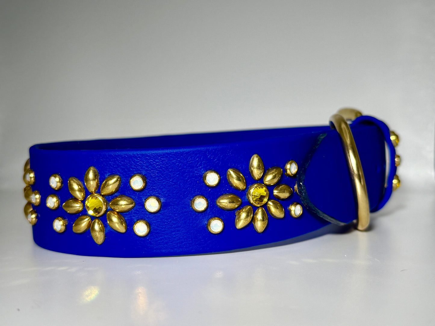 Royal Blue Luxury Dog Collar 17.5–19.5” | 1.5” Wide Waterproof Biothane | Solid Brass & Crystal Floral Studded