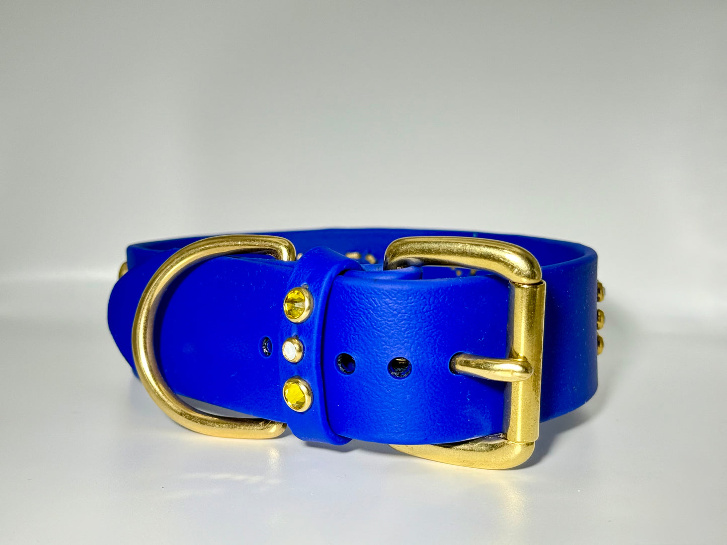 Royal Blue Luxury Dog Collar 17.5–19.5” | 1.5” Wide Waterproof Biothane | Solid Brass & Crystal Floral Studded