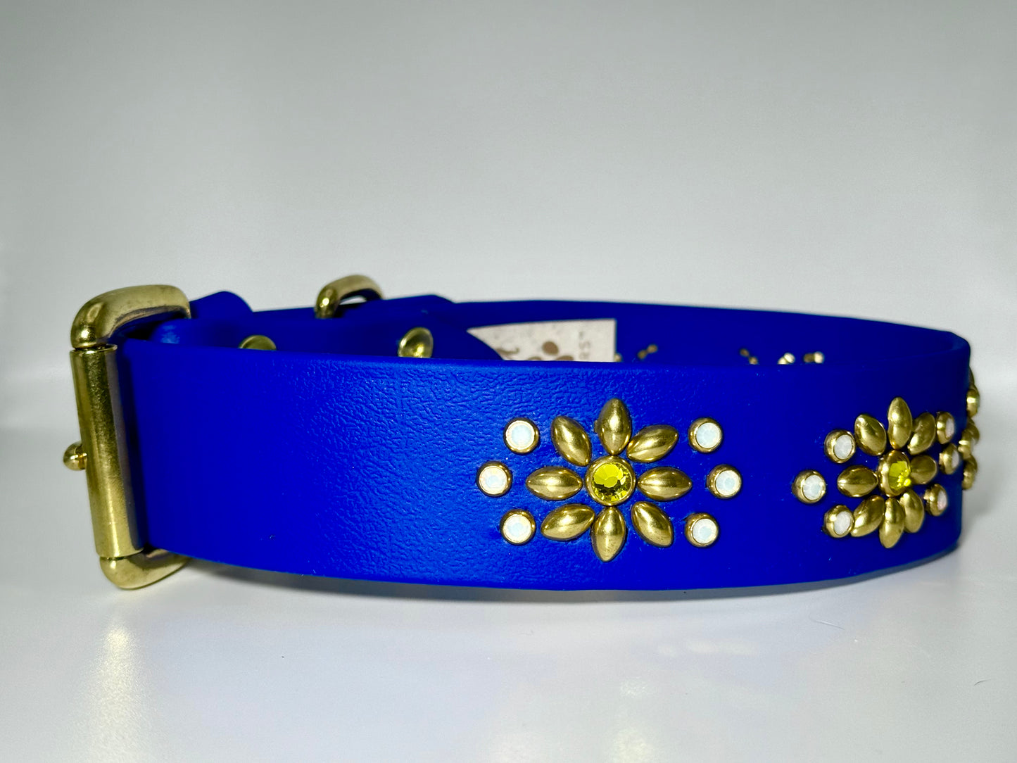 Royal Blue Luxury Dog Collar 17.5–19.5” | 1.5” Wide Waterproof Biothane | Solid Brass & Crystal Floral Studded
