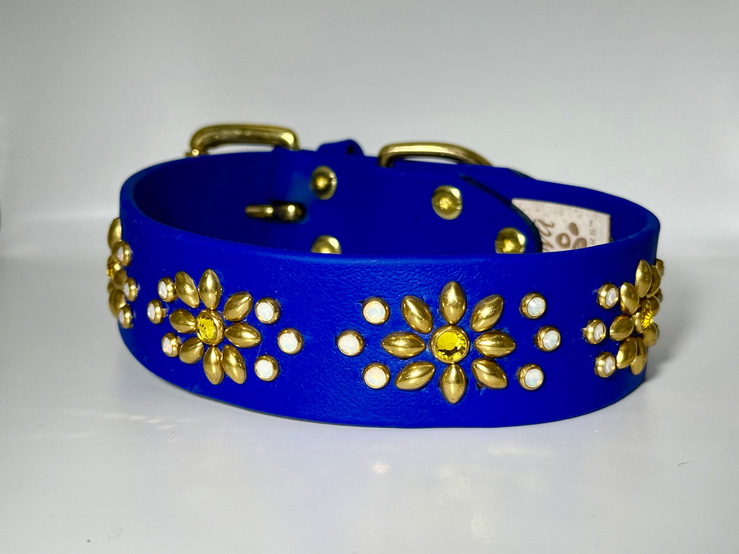 Royal Blue Luxury Dog Collar 17.5–19.5” | 1.5” Wide Waterproof Biothane | Solid Brass & Crystal Floral Studded