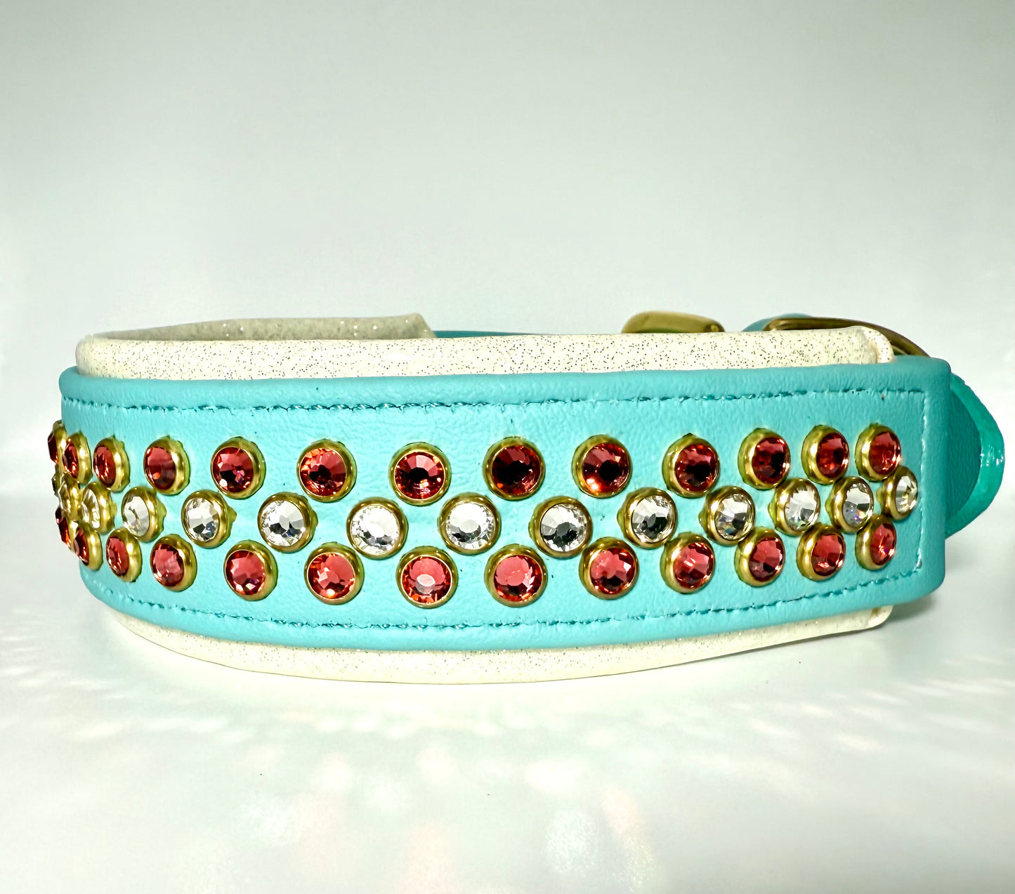 Luxury Dusty Turquoise BioThane Dog Collar | 2” Padded | Padparadscha & Crystal | Solid Brass Hardware | 18–20”