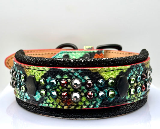 Green Snake Print Leather Dog Collar 18.5–19.5” | 2” Wide Luxury Collar with Black Hardware, Hexagon Studs & Peridot Aquamarine Red Velvet Crystals