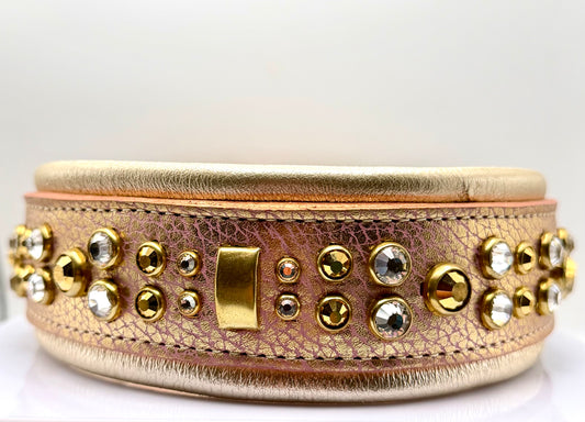 Luxury Rose Gold Leather Dog Collar | Solid Brass Hardware | Genuine Crystal & Crystal Aurum | 2” Wide Padded Statement Collar | 21–23”