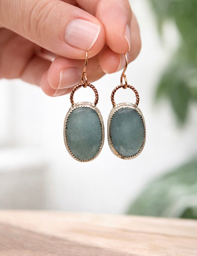 Natural Aquamarine Rose Cut Earrings – Sterling Silver Bezel, 14K Rose Gold Filled Twisted Wire, Handmade Dangle Earrings