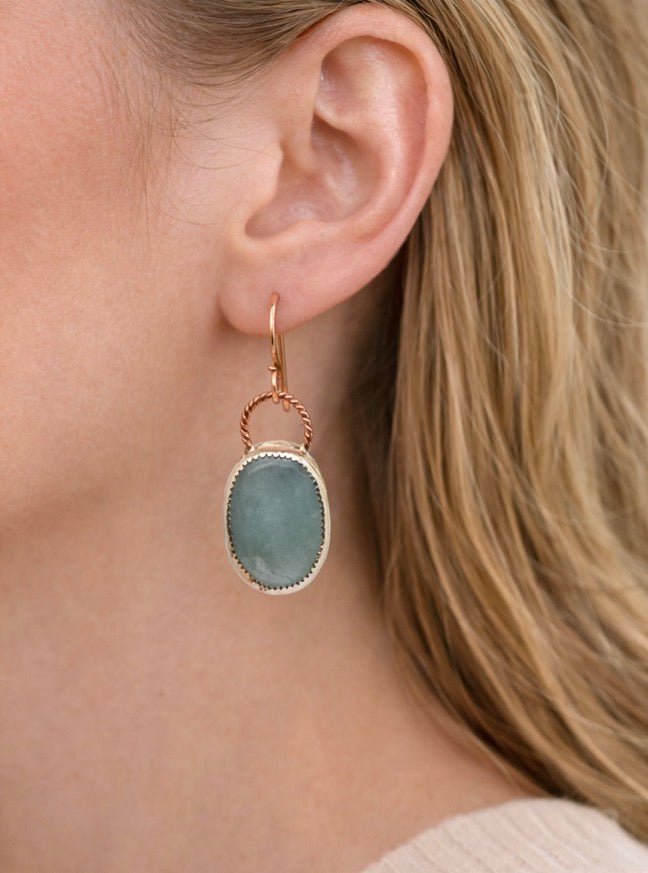 Natural Aquamarine Rose Cut Earrings – Sterling Silver Bezel, 14K Rose Gold Filled Twisted Wire, Handmade Dangle Earrings